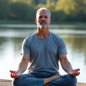 Man, David M., meditating calmly in an outdoor setting, appearing relaxed.