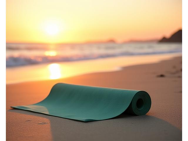 A yoga mat unrolled on a sandy beach at sunset