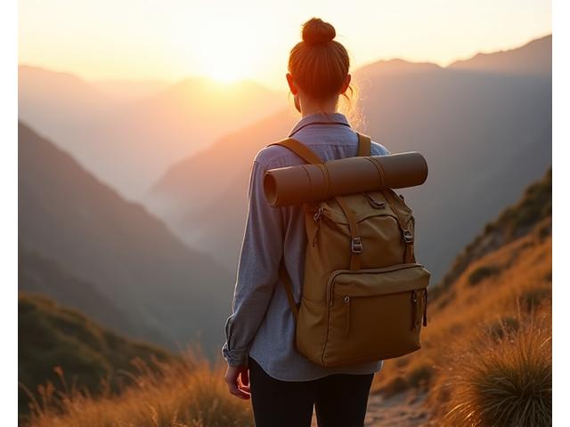 Yin Yoga student wearing the Element Yoga Backpack on a trail overlooking a valley