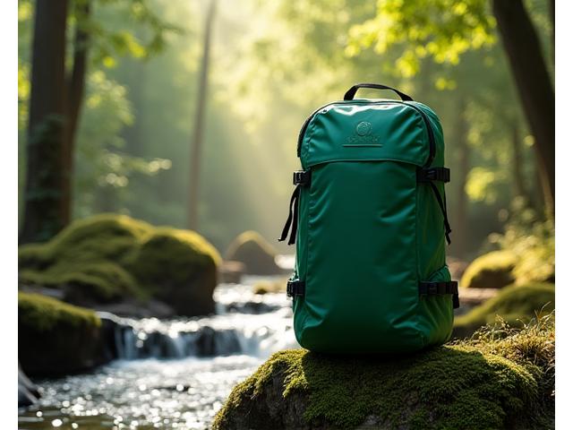 A sleek, waterproof yoga backpack in a deep forest setting, designed for multi-day outdoor retreats and offering full gear protection.