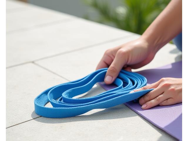 Adjustable yoga strap with multiple loops for different grip points, in a bright outdoor setting
