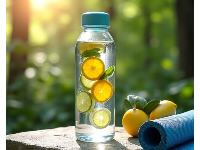 Fruit infuser water bottle with fresh fruit slices, outdoor yoga mat in background